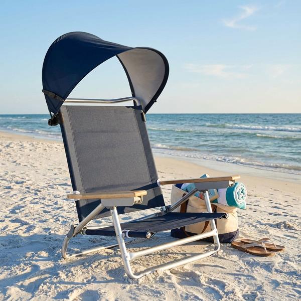 Chaise de plage de luxe - Protection solaire ajustable - Dossier réglable- Accoudoirs en bois- Aluminium- Bleu- Pliable