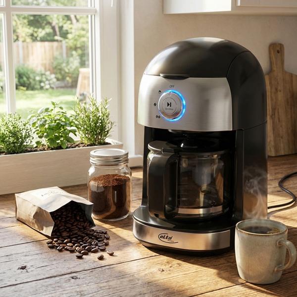 Machine à café compacte avec moulin intégré - Café frais, degrés de mouture réglables, 0,5L pour 4 tasses - 500W, acier inoxydable/plastique