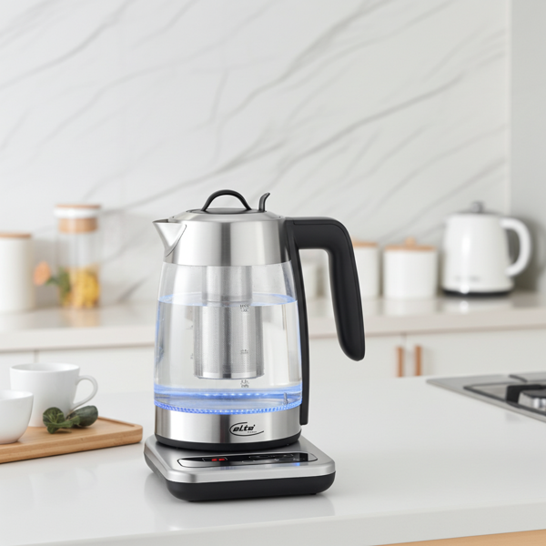 Tea and kettle (2200W, 1.8L): For tea, coffee & more, glass & stainless steel, cordless & with temperature control & automatic switch-off