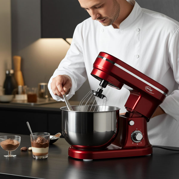 Design Küchenmaschine, edles Rot-Silber, 5 l Edelstahl-Schüssel, 1200 W - Hochwertig, modern & leistungsstark, für Backen, Kochen & mehr