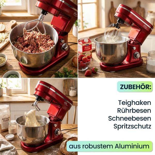 Design Küchenmaschine, edles Rot-Silber, 5 l Edelstahl-Schüssel, 1200 W - Hochwertig, modern & leistungsstark, für Backen, Kochen & mehr