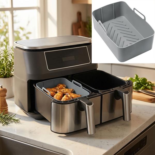 set of 2 high-quality silicone molds for dual hot air fryer, grey, 20 x 12.7 x 7 cm, non-stick, heat-resistant & dishwasher-safe