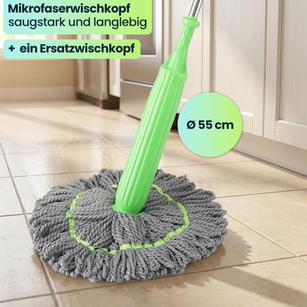 Wischmopp mit Auswringfunktion & Ersatzwischkopf – 360° drehbarer Mikrofaser-Wischmopp für streifenfreie Böden, 55cm Wischkopf