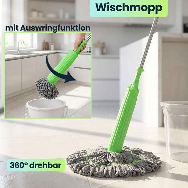 Wischmopp mit Auswringfunktion & Ersatzwischkopf – 360° drehbarer Mikrofaser-Wischmopp für streifenfreie Böden, 55cm Wischkopf