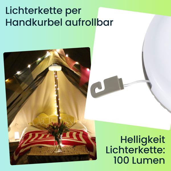 2in1 Campinglampe & Lichterkette 10m: Akku, 5 Lichtmodi, IPX4 – Ein flexibler Outdoor-Begleiter für perfekte Stimmung beim Camping & Zelten