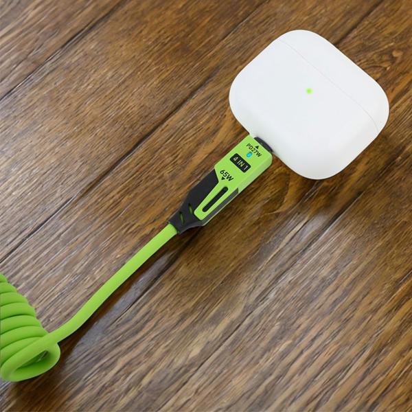 4in1 Spiralladekabel 65W, USB-C auf USB-C mit Adaptern für USB-A & Lightning - Multi Ladekabel für alle Smartphones und Laptops