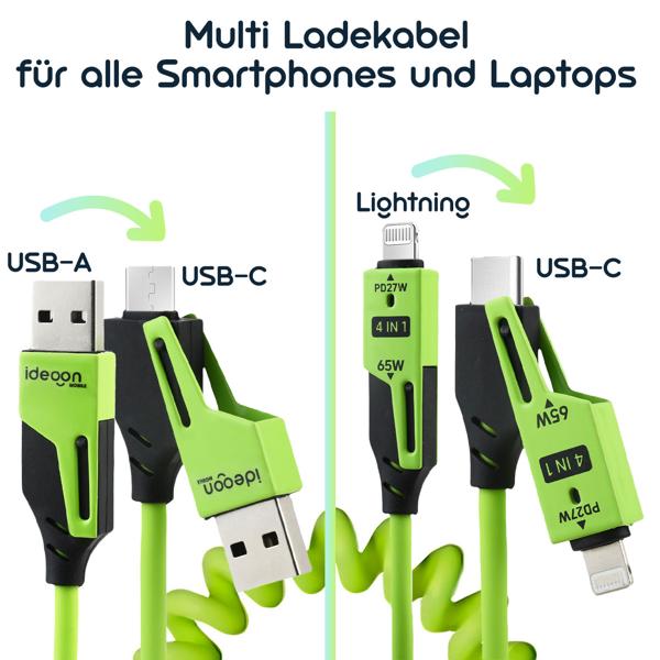 4in1 Spiralladekabel 65W, USB-C auf USB-C mit Adaptern für USB-A & Lightning - Multi Ladekabel für alle Smartphones und Laptops