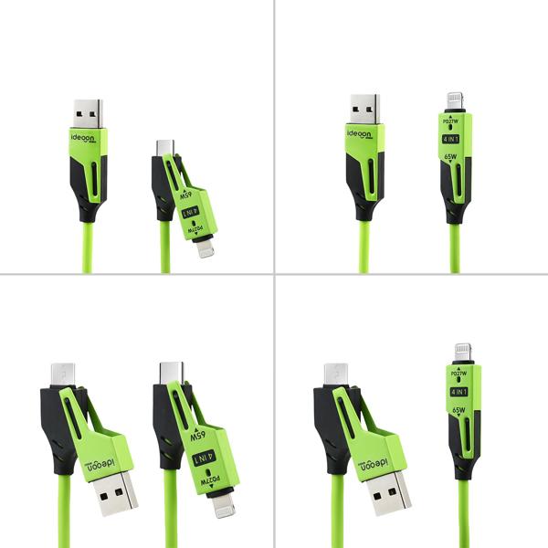 4in1 Spiralladekabel 65W, USB-C auf USB-C mit Adaptern für USB-A & Lightning - Multi Ladekabel für alle Smartphones und Laptops