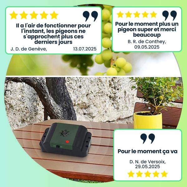 Répulsif Ultrasons Mobile Oiseaux-Pigeons 40m²-Jardin/Balcon-Sans Fil-Résistant Intempéries-Jusqu‘à 12 Mois Autonomie Piles-8-32kHz 80dB