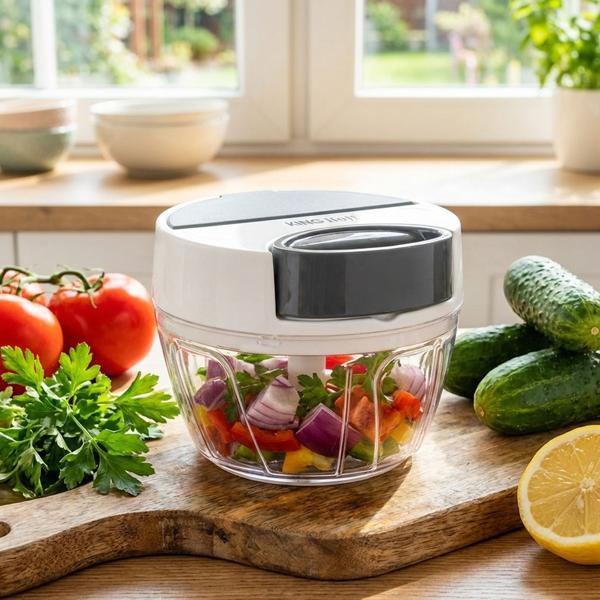 Pulley multi-chopper, 400 ml, white-grey, onion slicer for effortless chopping of vegetables, herbs & nuts