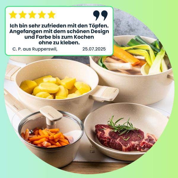 Hochwertiges Design Kochset m. marmorierter Antihaftbeschichtung, inkl. Untersetzer, Glasdeckel, Soft Touch Griffe, 12-teilig, beige