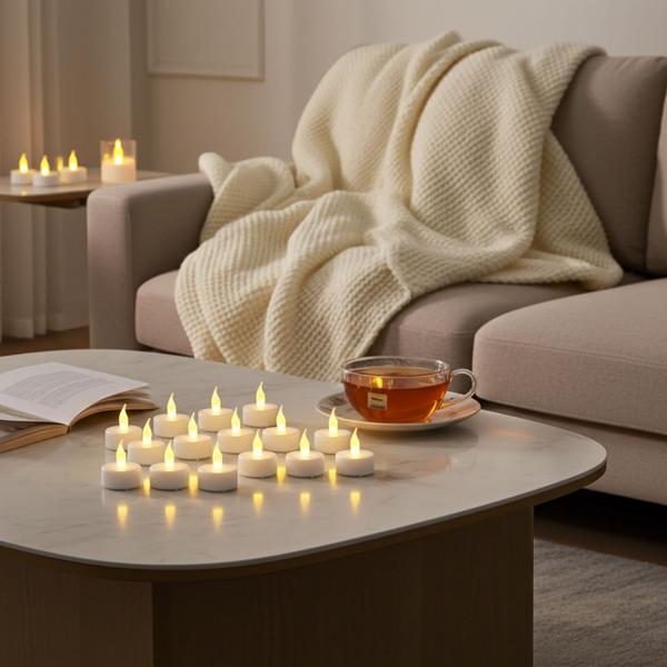 set di 24 tea light a LED, bianchi con sfarfallio realistico, batterie incluse - Design classico e moderno per momenti di intimità