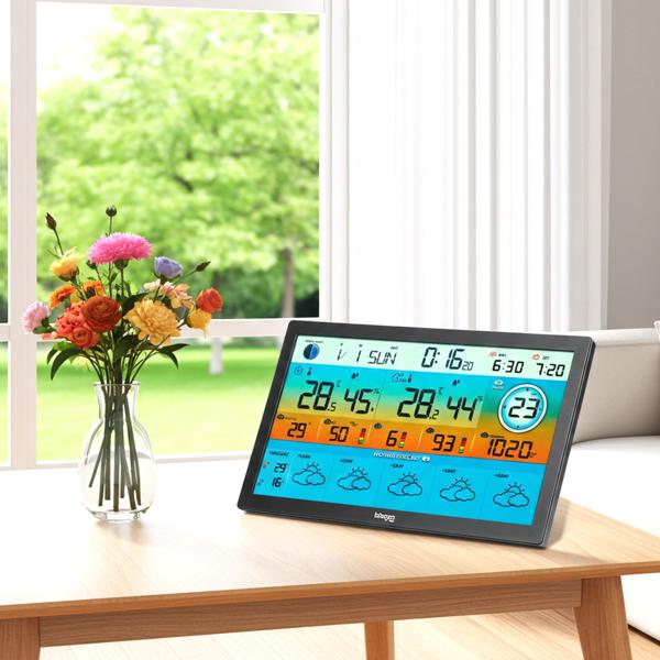 Wi‑Fi wireless weather station with XXL color display – 5‑day weather trend, thermometer/hygrometer, fine dust & UV index, barometer, Tuya app