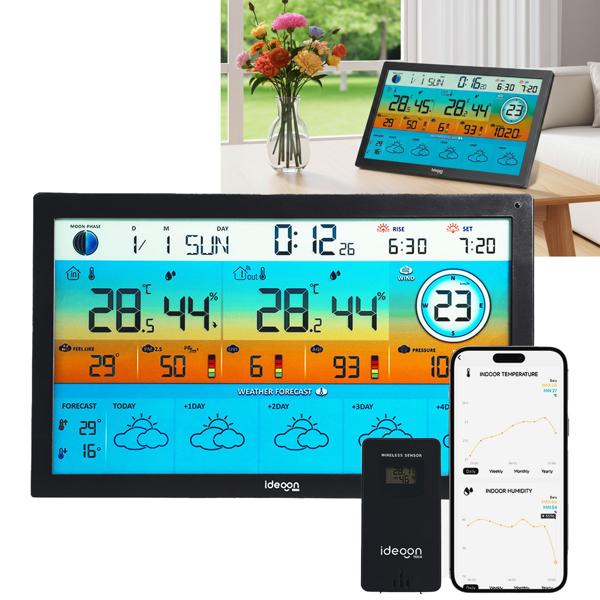 Wi‑Fi wireless weather station with XXL color display – 5‑day weather trend, thermometer/hygrometer, fine dust & UV index, barometer, Tuya app