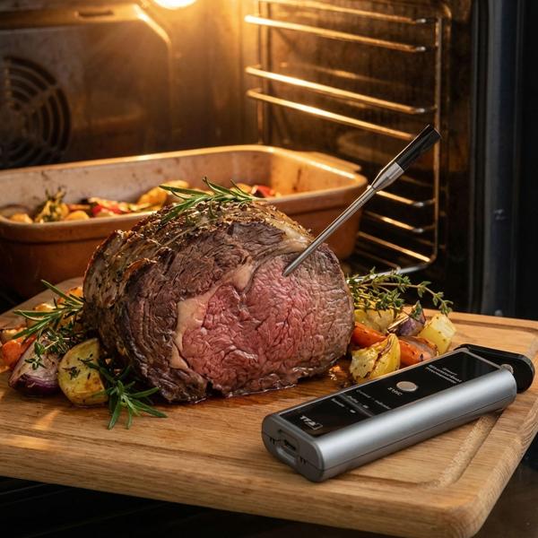 Präzises smartes Fleisch-, Braten- & Ofenthermometer, bis +300 °C, kabelloser Fühler aus Edelstahl, App-Steuerung für BBQ, Grill, Smoker, Backofen