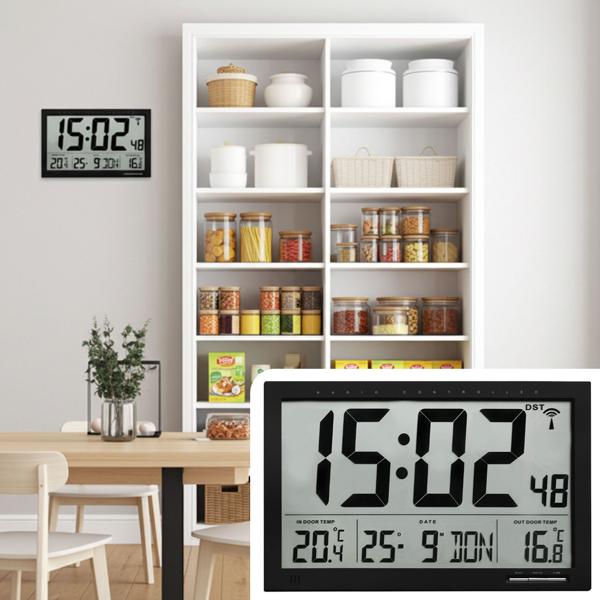 Moderne XL-Digitaluhr mit Aussen-/Innentemperatur & grossem Display, präzise, modern & gut ablesbar, für Haus, Büro und Küche