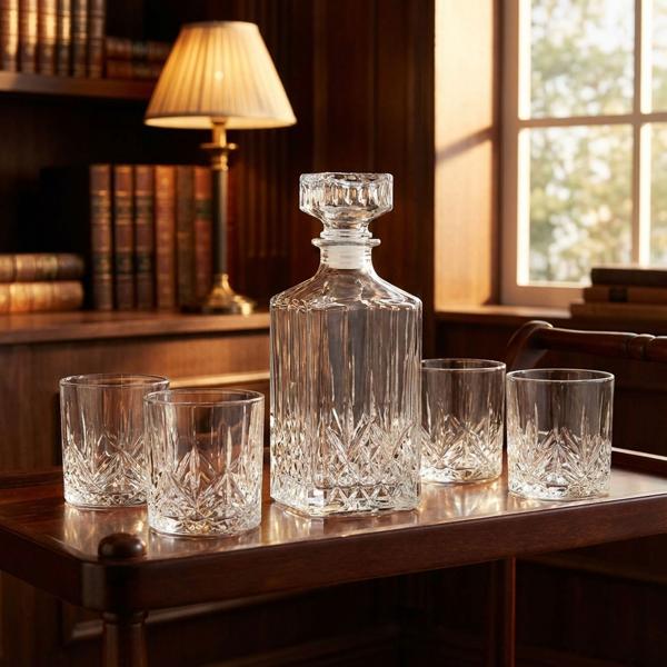 Set Whisky Complet en Verre Cristal - Carafe (900ml) & 4 Verres (350ml) - Idéal pour Amateurs de Whisky, Rhum, Sherry - Cadeau Parfait