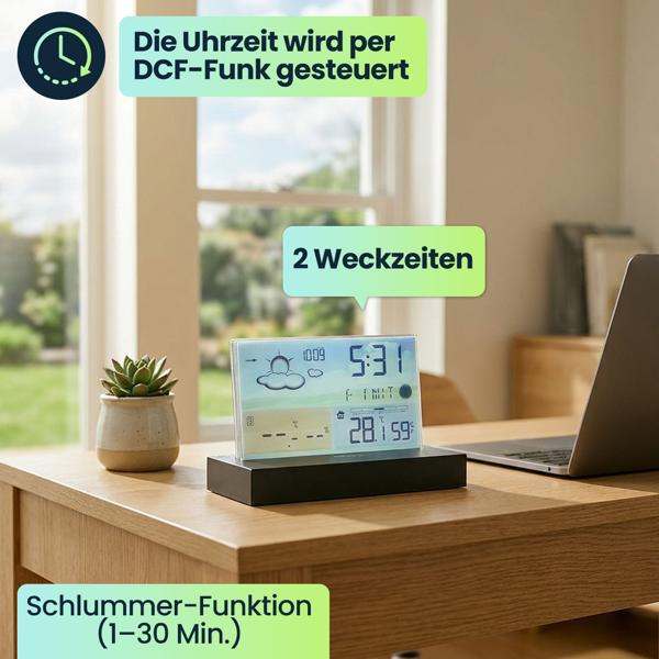 Moderne Funk-Wetterstation farbig: Rahmenloses LCD-Display für präzise Wetterprognose & Hygrometer – Mit Aussensensor