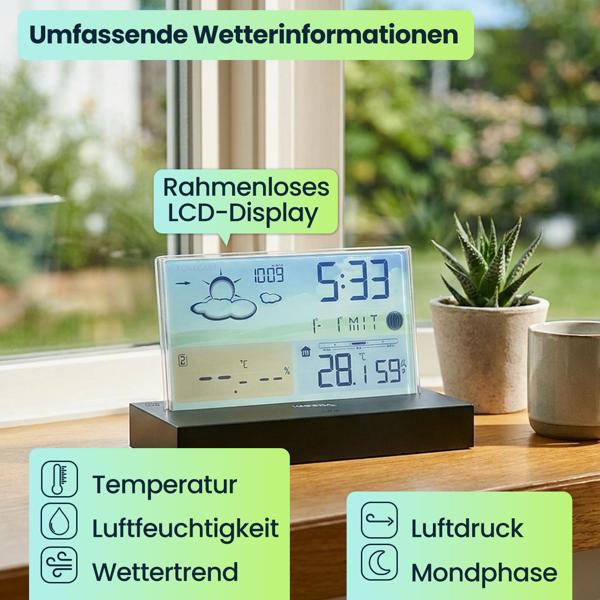 Moderne Funk-Wetterstation farbig: Rahmenloses LCD-Display für präzise Wetterprognose & Hygrometer – Mit Aussensensor