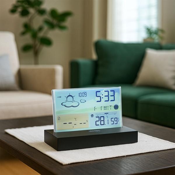 Modern wireless weather station in color: Frameless LCD display for precise weather forecast & hygrometer - With outdoor sensor