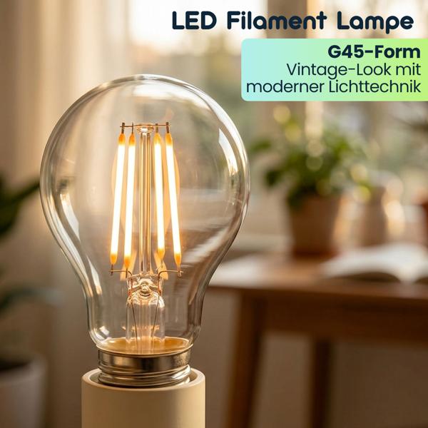 LED Filament Lampe G45 E27 4W 400lm Warmweiss 2500K Vintage Glühbirne Retro Glühlampe Dimmbar Warmes Licht Kugelform Edison Tropfenlampe