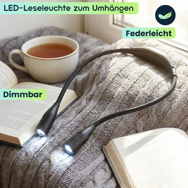 LED-Leseleuchte zum Umhängen – Dimmbare Akku-Leselampe mit 3 Farbtemperaturen, flexiblen Schwanenhälsen & 6 Stunden Leuchtdauer