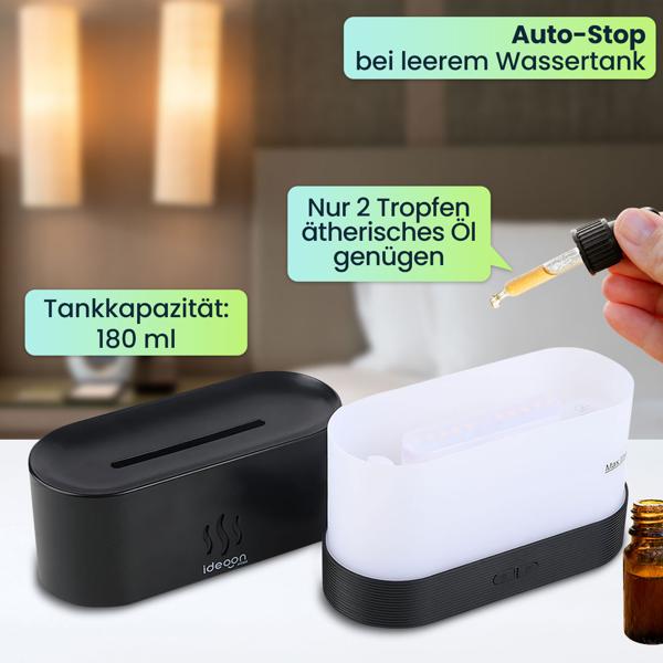 Stilvoller Aroma Diffuser mit Flammeneffekt – Ultraleiser Ultraschall Duftbefeuchter, USB, Auto-Stop, 10h Laufzeit für Schlafzimmer & Büro