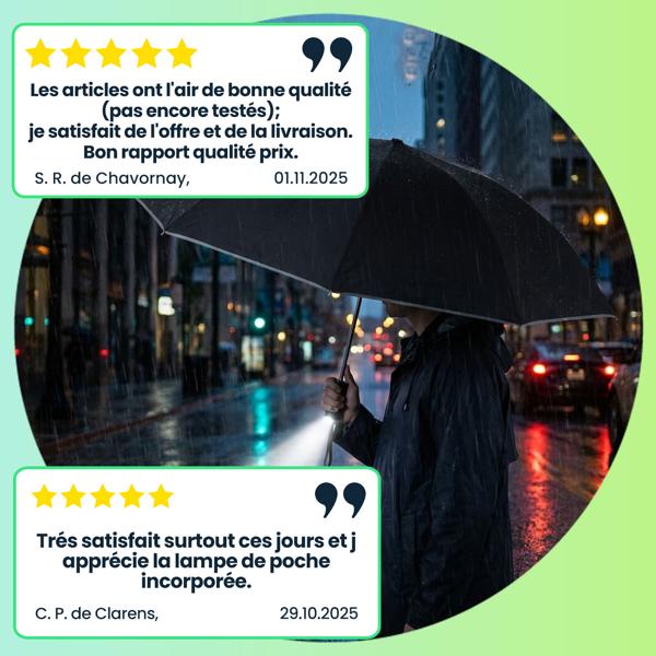 Parapluie pliant avec lampe de poche LED intégrée, Ø 105 cm – votre allié parfait contre la pluie et l’obscurité  – noir