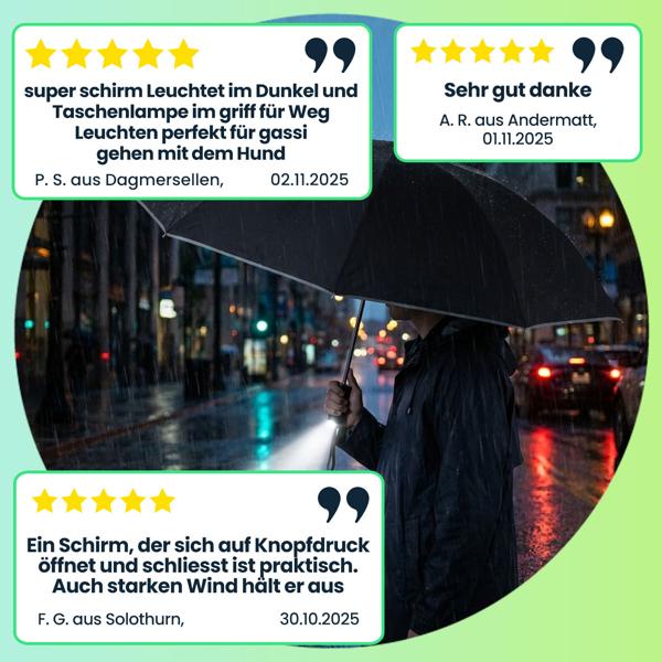 Faltbarer Regenschirm mit LED-Taschenlampe, Ø105 cm, schwarz: Ein perfekter Allwetter-Begleiter für Dunkelheit & Regenschauer