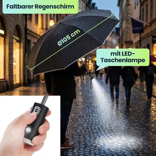 Faltbarer Regenschirm mit LED-Taschenlampe, Ø105 cm, schwarz: Ein perfekter Allwetter-Begleiter für Dunkelheit & Regenschauer