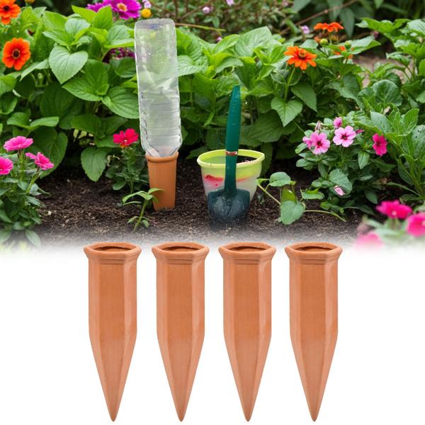 set of 4 XL clay watering cones for bottles: Automatic plant watering - take a carefree vacation & enjoy healthy plants