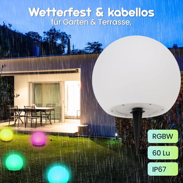 4er-Set Solar-LED-Leuchtkugel, Ø 20cm, RGBW mit Fernbedienung, 60 Lu, IP67. Farbwechsel-Lichtkugel für Garten & Terrasse, wetterfest & kabellos