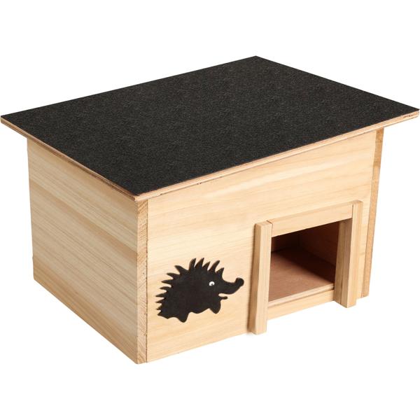Premium wooden hedgehog house kit with safe labyrinth-style entrance and removable roof, incl. hedgehog food meal