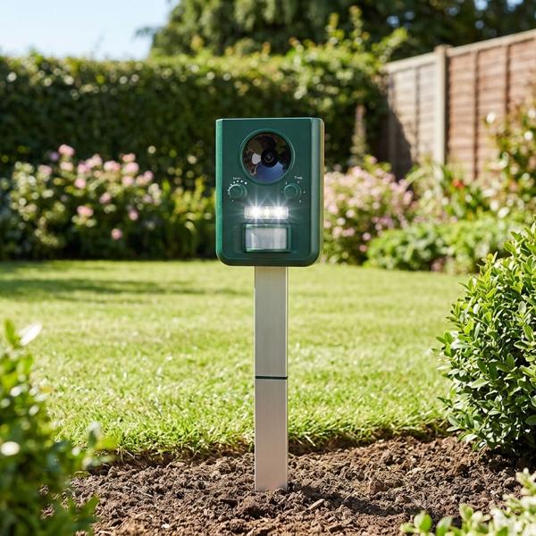 Universal solar animal repeller with ultrasound and flashing light, 9 m range, effective, animal‑friendly & eco‑friendly