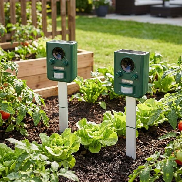 Set da 2 scaccia‑animali universali solari con ultrasuoni e lampeggiante, portata 9 m, efficace, delicato sugli animali & rispettoso dell’ambiente