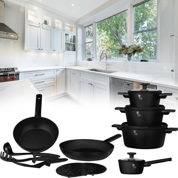 High-quality design cooking set w. titanium coating incl. cooking utensils, trivet, glass lid, soft touch handles, 15-piece, matt black