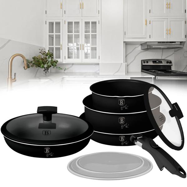 Set de poêles en aluminium de haute qualité, 9 pièces, noir mat, revêtement en titane - Poignée amovible, Smart Lids & couvercle en verre, design élégant