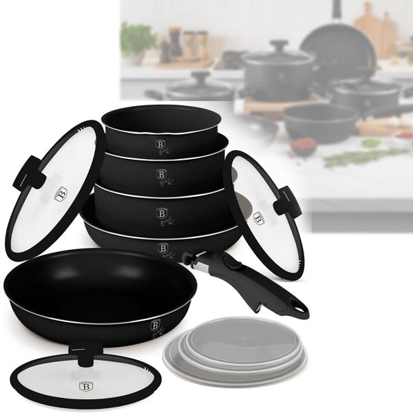5 pan cooking set with titanium coating, elegant matt black - Forged aluminum, smart lids & glass lid, durable & robust