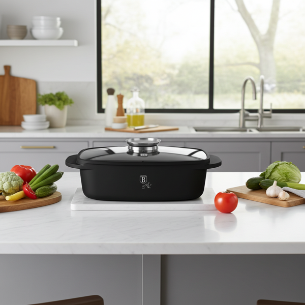 High-quality roasting pan with aroma knob & glass lid, oval 6 liters black - For perfect braising & roasting - Robust & durable cooking