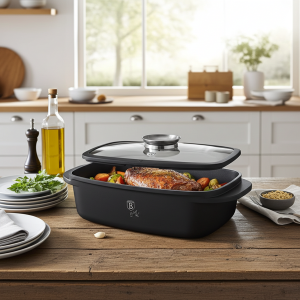 High-quality roasting pan with aroma knob & glass lid, oval 6 liters black - For perfect braising & roasting - Robust & durable cooking