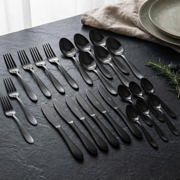 Modernes 24-tlg. Besteck Set, schwarz: Für 6 Personen, zeitloses Design, perfekt für Dinnerpartys & den Alltag
