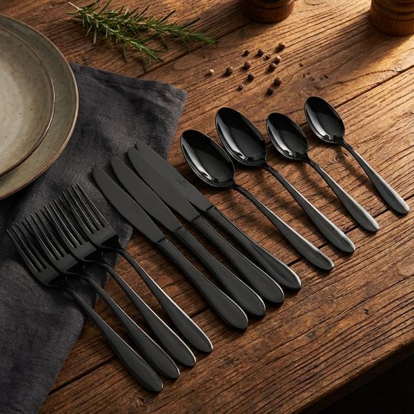 Modernes 24-tlg. Besteck Set, schwarz: Für 6 Personen, zeitloses Design, perfekt für Dinnerpartys & den Alltag