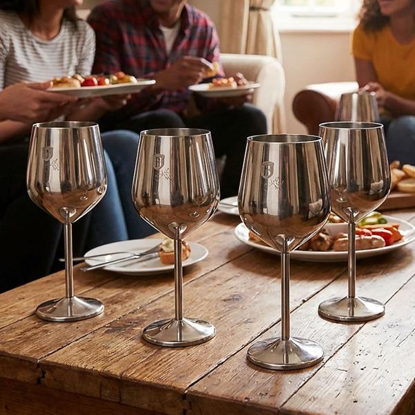Elegantes 4tlg. Metall Weinglas Set, silber: Unzerbrechlich & stilvoll für Weinliebhaber, Robust, kühlend & für besondere Momente 