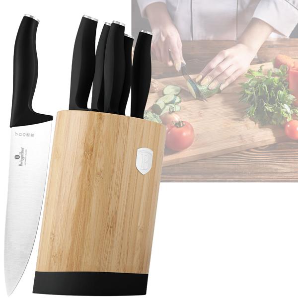 Elegant knife set with bamboo stand, 6-piece, matt black: Sharp kitchen knives, high-quality, robust & perfect gift idea for cooking enthusiasts