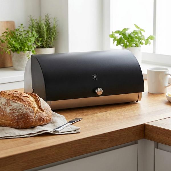 Moderner Brotkasten, Edelstahl, mattschwarz-silber, 38,5 x 28 x 18,5 cm, für langanhaltende Frische & stilvolle Brot-Aufbewahrung
