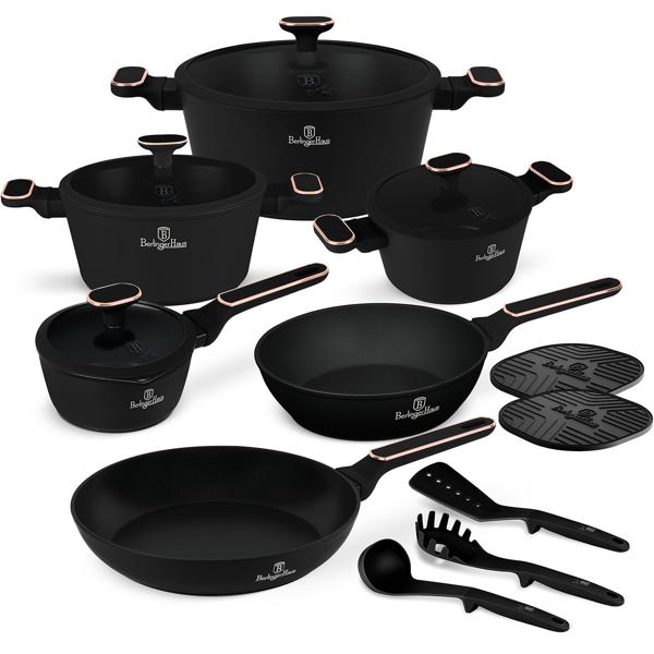 Set de cuisine design exclusif 15 pièces - Triple anti-adhésif TitanPro - Induction, sans PFOA - Noir & or rose - Louche, spatule