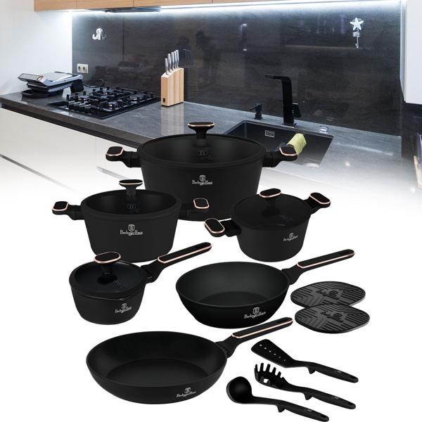 Set de cuisine design exclusif 15 pièces - Triple anti-adhésif TitanPro - Induction, sans PFOA - Noir & or rose - Louche, spatule