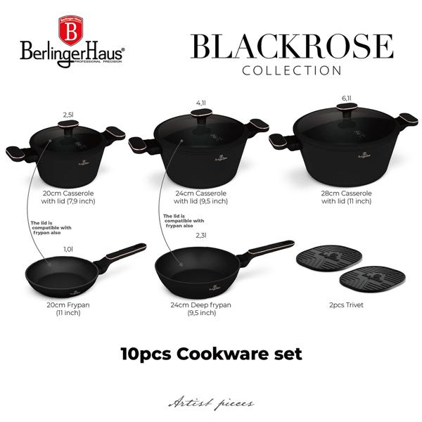 Design cookware set including coasters, aluminum, 10-piece, titanium non-stick coating, black-rose gold