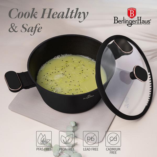 Design cookware set including coasters, aluminum, 10-piece, titanium non-stick coating, black-rose gold