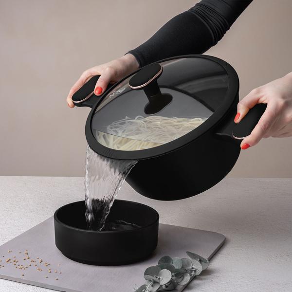Design cookware set including coasters, aluminum, 10-piece, titanium non-stick coating, black-rose gold